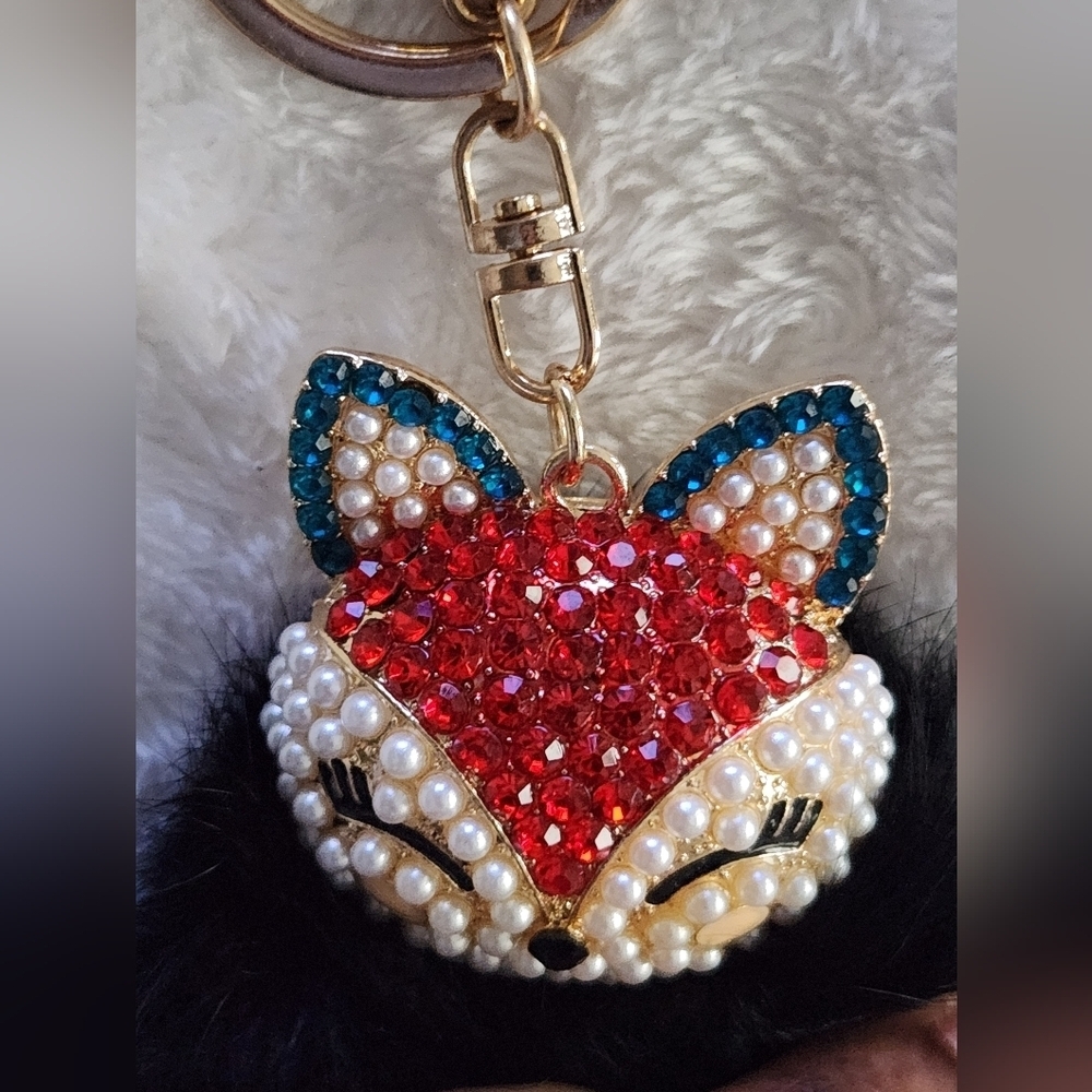 Black and Red Pom Pom Fox Keychain Bag Charm - Picture 3 of 4